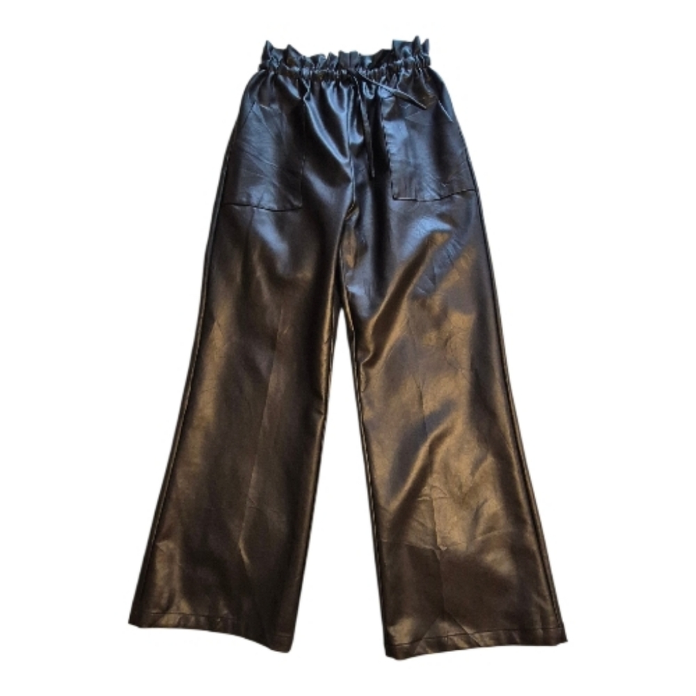 Gracia Black Faux Leather Elastic Waist Pants, Sz L